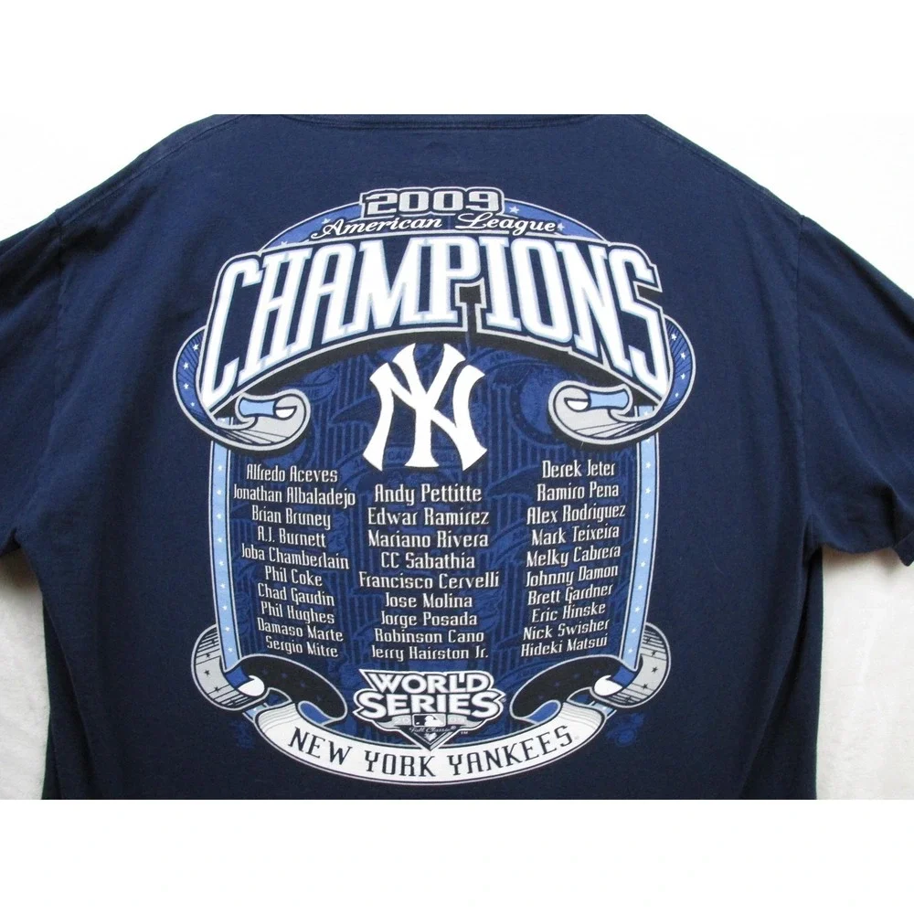New York‎ Yankees Shirt Mens Large Blue MLB Baseball 2009 AL Champions Majestic